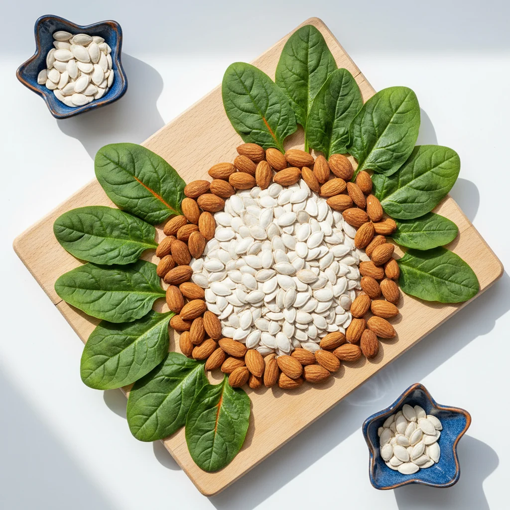 Pompoenpitten, amandelen en spinazieblad op een houten snijplank, magnesium rijke ingrediënten