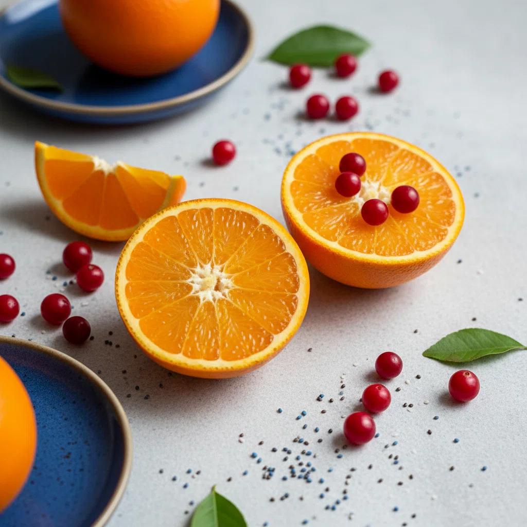 Verse sinaasappels en rode bessen op een lichte stenen ondergrond, vitamine C ingrediënten